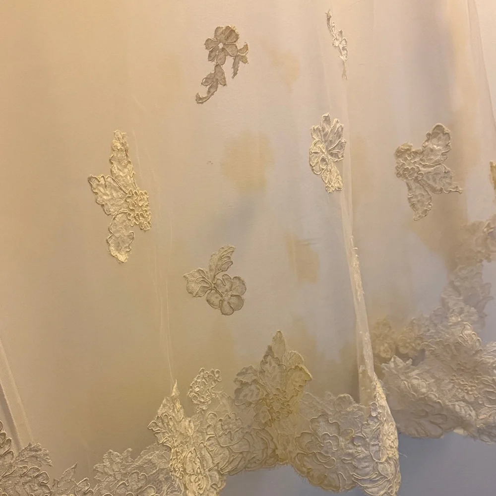 Vintage Ivory Lace-Trim Bridal Veil with Floral Appliqués, Fingertip Length - Picture 4 of 9